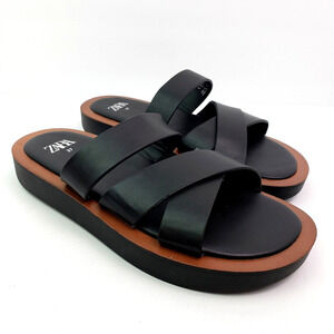 NWT Zara Minimal Womens Size 6.5/37 Black Slip On Platform Flat Slide Sandals